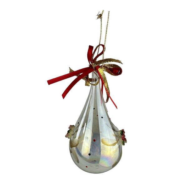 Handblown Glass Teardrop Christmas Ornament Gold & Red Ribbon Rose Embellishment - Picture 4 of 8